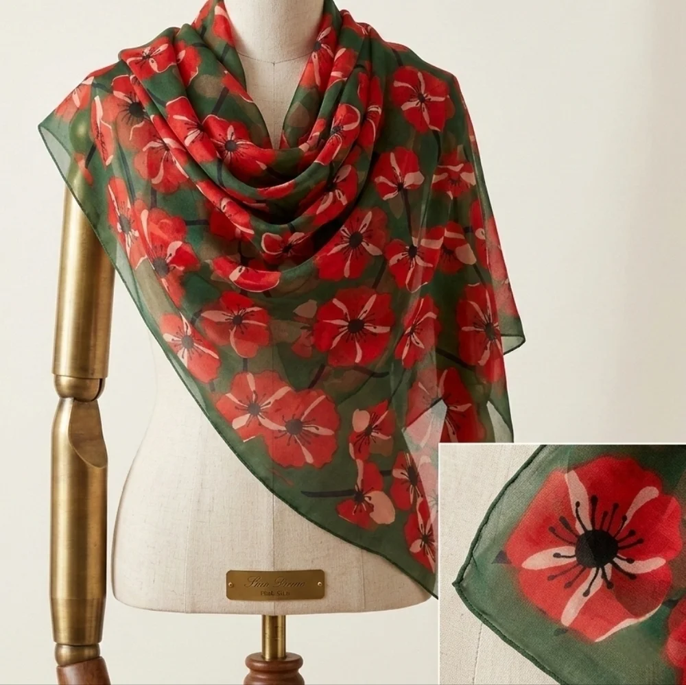 NWT Red Poppy Floral Chiffon Long Scarf Wrap- Sheer Emerald Green 63